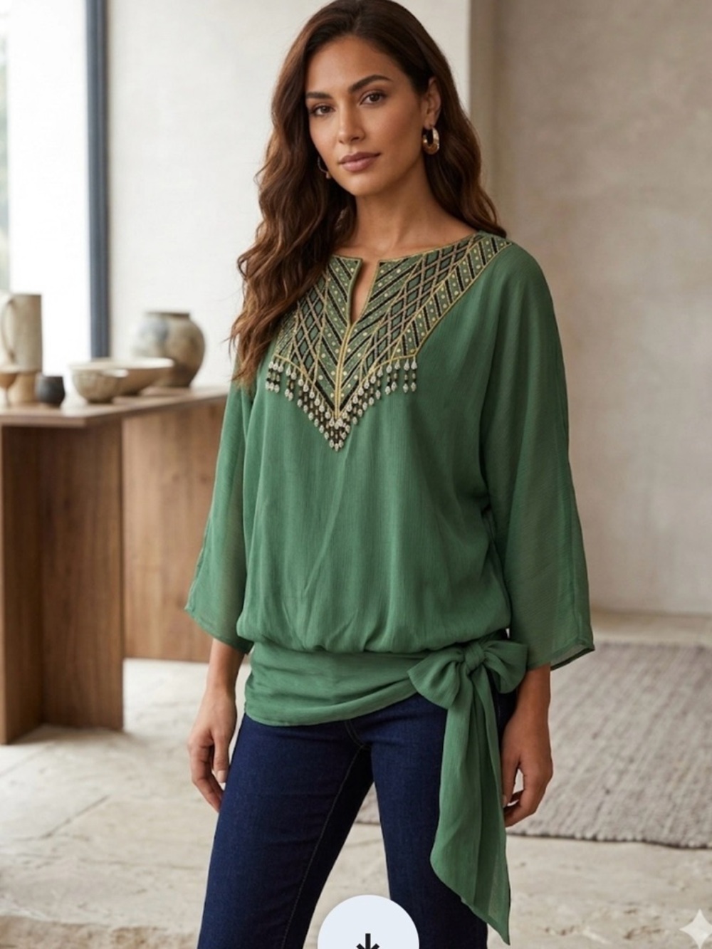 Bob Mackie Green Embellished Tunic with Tie Waist